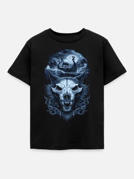 Wikinger – Wölfe & Schiff im Mondlicht - Kinder T-Shirt - Schwarz