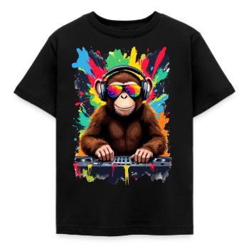 Aap als DJ, Draaitafel, Disco Disc Jockey EDM Party - Kinderen T-shirt - zwart - Voor - AI Model Kid Female (0cm)