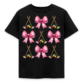 Coquette Bogen Krocketschläger Ball rosa Schleife - Kinder T-Shirt - Schwarz - Vorne - AI Model Kid Female (0cm)