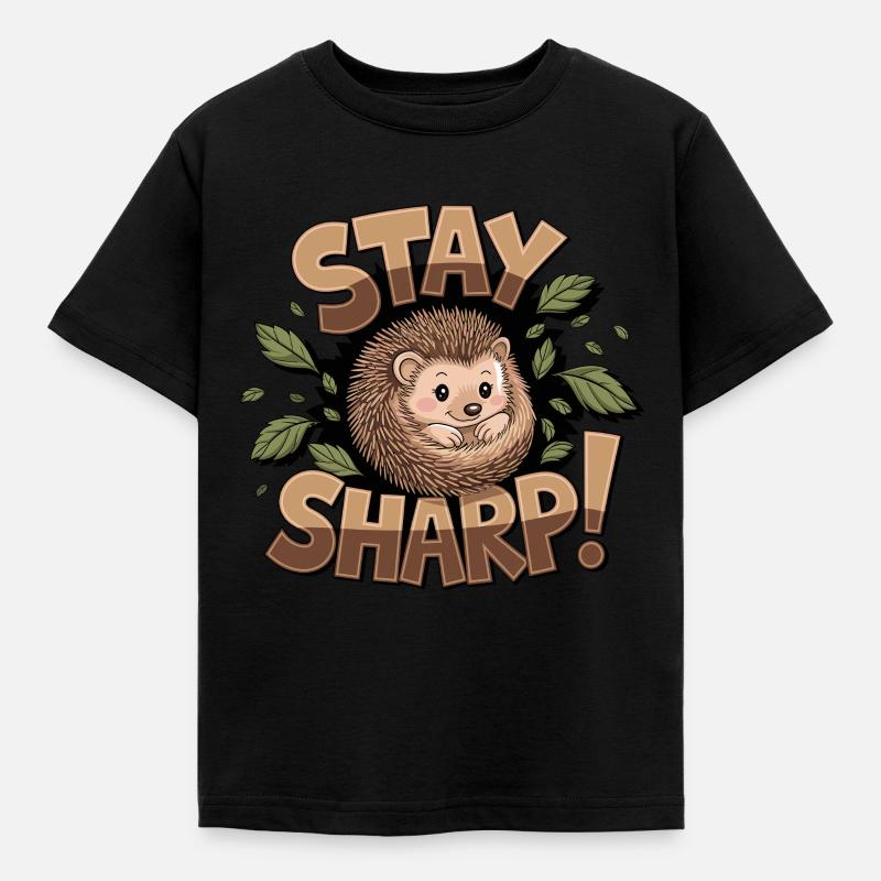 Stay sharp hedgehog with leaves surrounded cute - Kids' T-Shirt - black