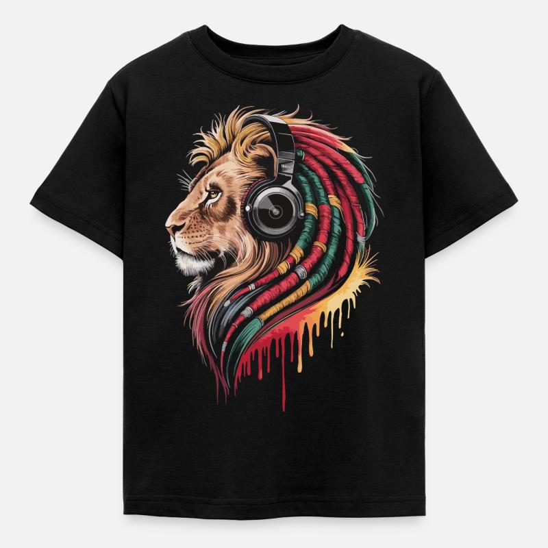 Reggae Löwe mit Kopfhörer - Kinder T-Shirt - Schwarz