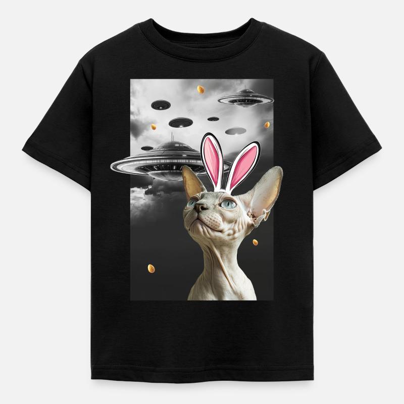 Lapin de Pâques Sphynx Chat Drôle Science Alien OVNI - T-shirt Enfant - noir