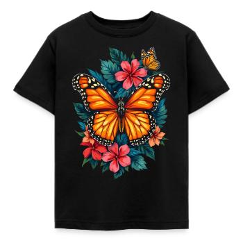 Schmetterling, Monarch, Blumen, Entomologe - Kinder T-Shirt - Schwarz - Vorne - AI Model Kid Female (0cm)