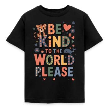 Be kind to the world please with tiger and whale - Kids' T-Shirt - black - Front - AI Model Kid Female (0cm)
