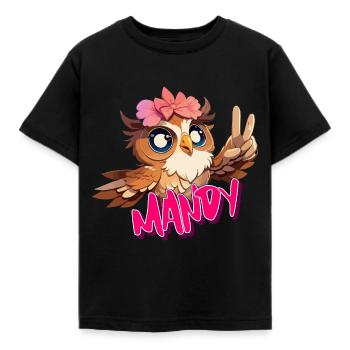 MANDY - Beautiful girl name with cute OWL - Kids' T-Shirt - black - Front - AI Model Kid Female (0cm)