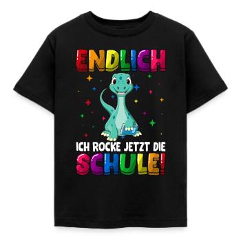 Endlich ich rocke jetzt die Schule Dino - Kinder T-Shirt - Schwarz - Vorne - AI Model Kid Female (0cm)