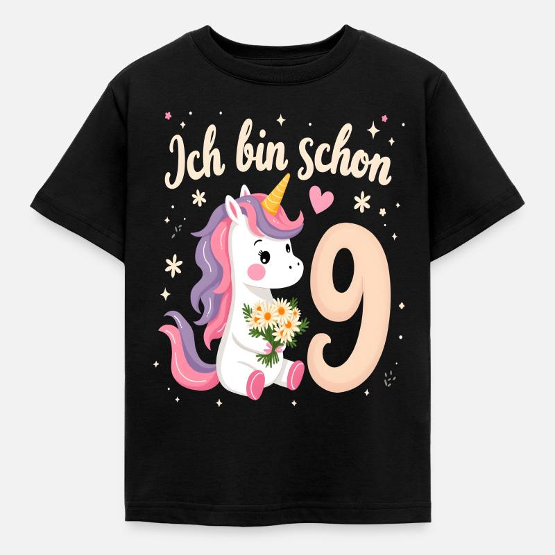 Süßes Einhorn 9. Geburtstag für Mädchen - Kinder T-Shirt - Schwarz
