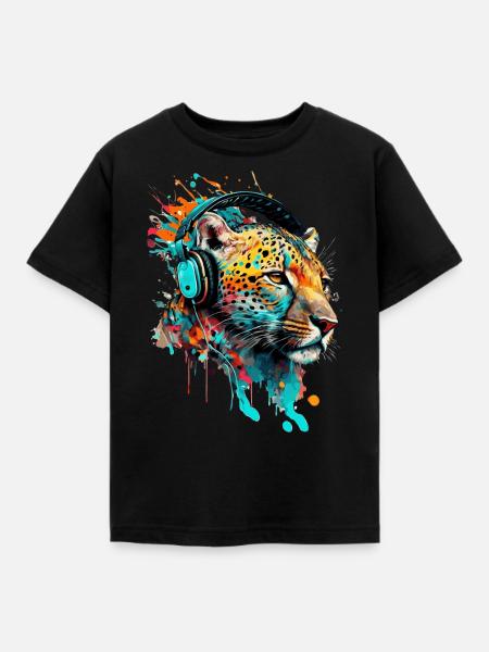 Leopard mit Kopfhörern DJ - Kinder T-Shirt - Schwarz