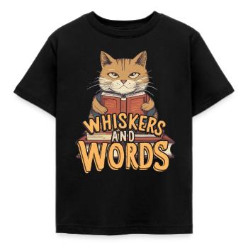 Whiskers and Words': Where curiosity about cosiness - Kids' T-Shirt - black - Front - AI Model Kid Female (0cm)