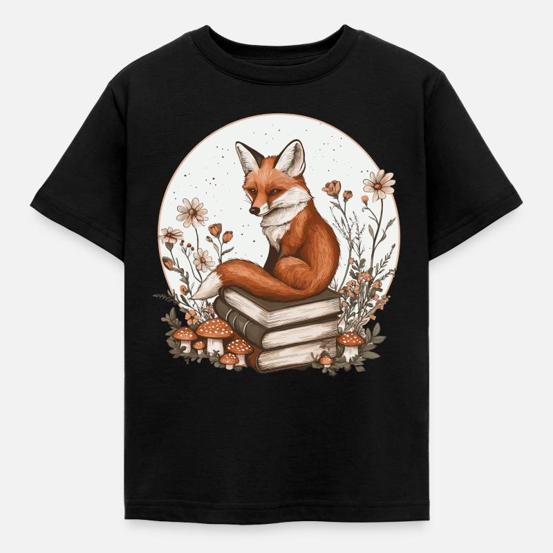 Cottagecore Fuchs mit Büchern - Kinder T-Shirt - Schwarz