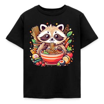Waschbär isst Instant-Nudeln – Witziges Tiermotiv - Kinder T-Shirt - Schwarz - Vorne - AI Model Kid Female (0cm)