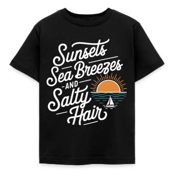 Sunsets, Sea Breezes & Salty Hair | Strand & Urlau - Kinder T-Shirt - Schwarz - Vorne - AI Model Kid Female (0cm)