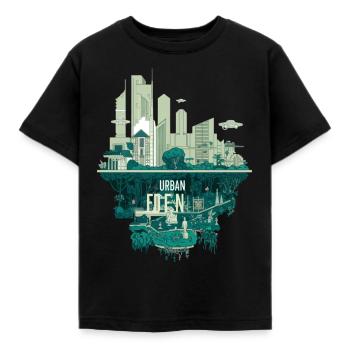 Urban Eden Futuristic Cityscape Design - Kids' T-Shirt - black - Front - AI Model Kid Female (0cm)