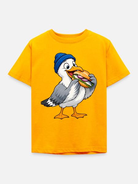 Möwe mit Beanie & Fischbrötchen – Küste - Kinder T-Shirt - Gold