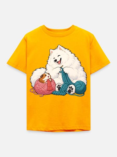 Samojede und Meerschweinchen beim Stricken - Kinder T-Shirt - Gold