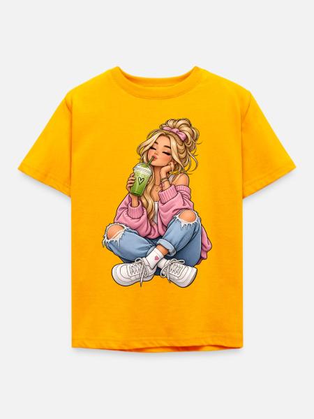 Mädchen mit Matcha Latte - Kinder T-Shirt - Gold