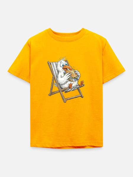 Gourmet- Möwe im Strandstuhl mit Fischbrötchen - Kinder T-Shirt - Gold