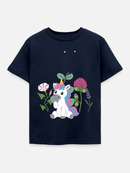 Einhorn Blumen Kinder märchenhaft Lavendel - Kinder T-Shirt - Navy