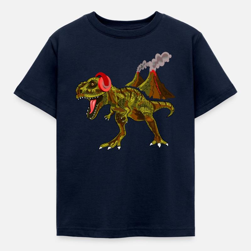 Dinosaurier mit Kopfhörern vor Vulkan - Kinder T-Shirt - Navy