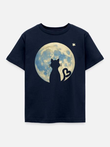 Katzen-Silhouette mit Herz im Mondlicht - Kinder T-Shirt - Navy