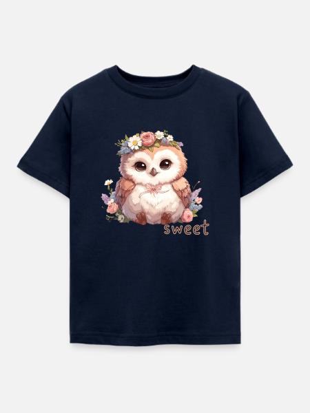 Süße Eule mit Blumen - Kinder T-Shirt - Navy