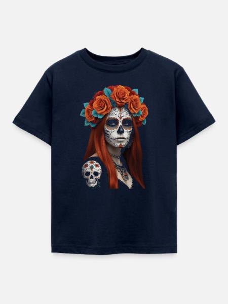 Blumen Zucker Schädel Porträt - Kinder T-Shirt - Navy