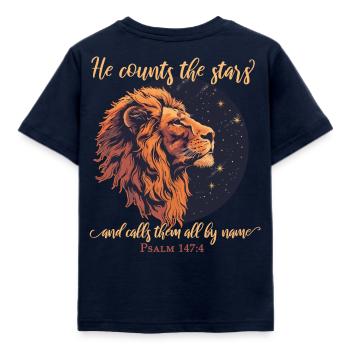 Löwe Bibelvers Christlich - Kinder T-Shirt - Navy - Hinten - AI Model Kid Female (0cm)