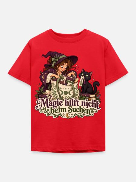 Hexe und Katze auf Lesezeichensuche - Kinder T-Shirt - Rot