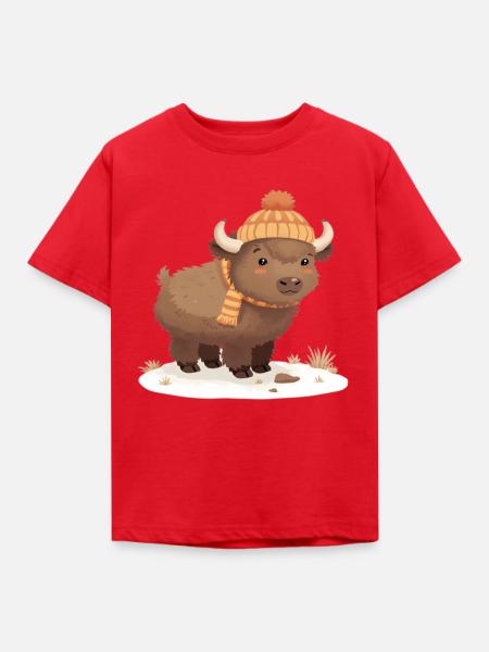 Winterbison mit Mütze - Kinder T-Shirt - Rot