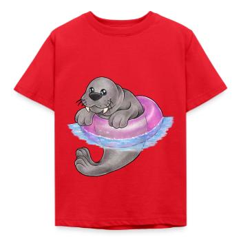 Lustige Robbe Walross mit Schwimmring Badeurlaub - Kinder T-Shirt - Rot - Vorne - AI Model Kid Male (0cm)