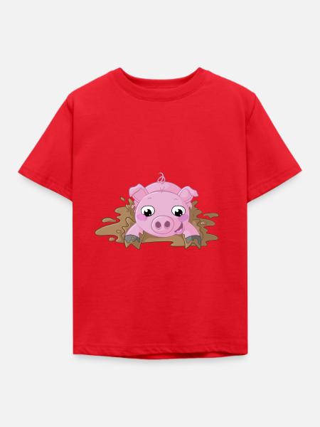 Planschendes Comic Schweinchen - Kinder T-Shirt - Rot