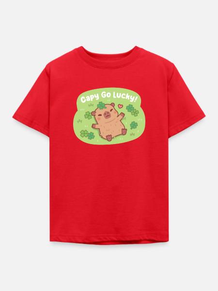 Niedlicher Capy Go Lucky Capybara Vierblattklee-Patch - Kinder T-Shirt - Rot
