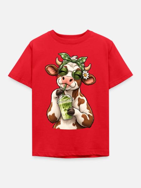 Süße Kuh mit Matcha Latte - Kinder T-Shirt - Rot