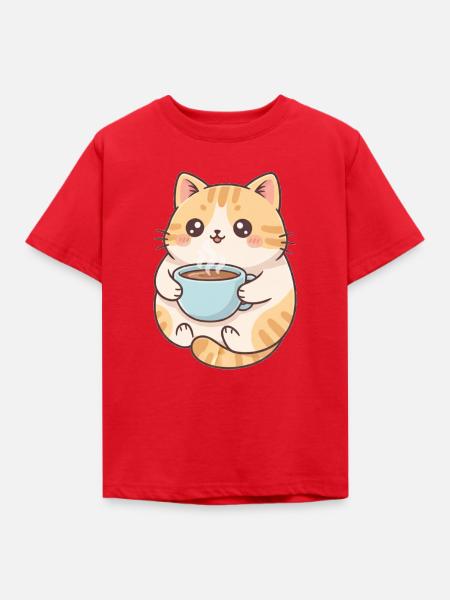 Katze mit Kaffee - Kinder T-Shirt - Rot