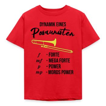 Lustiges Posaune Design, Dynamik eines Posaunisten - Kinder T-Shirt - Rot - Vorne - AI Model Kid Male (0cm)
