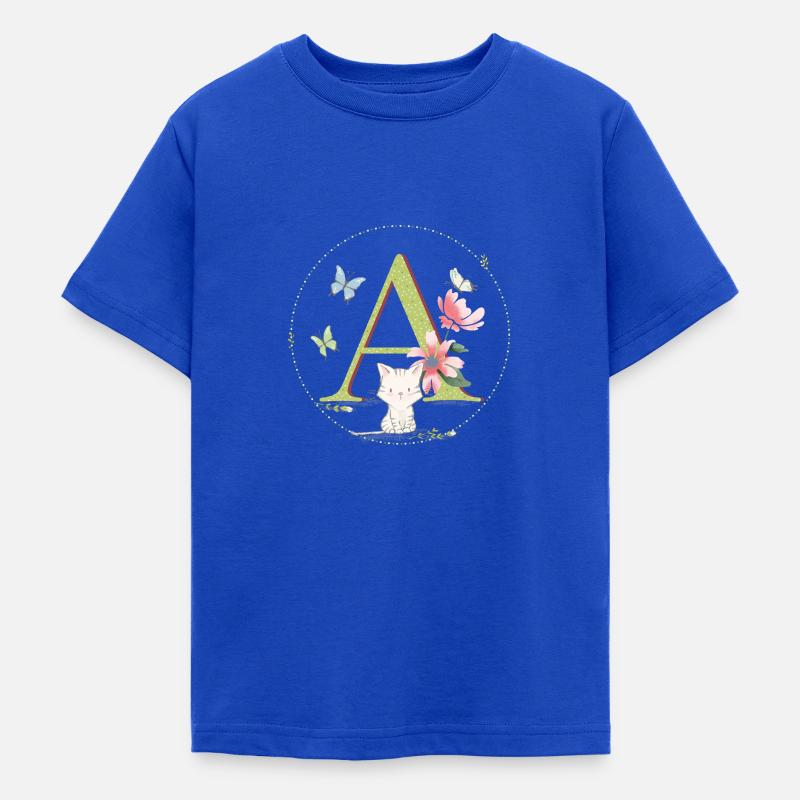 Lettre initiale A avec chat - T-shirt Ado - bleu royal