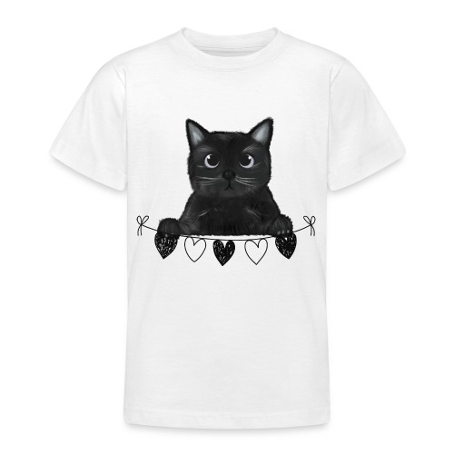 Chat noir, guirlande de coeurs - T-shirt Ado