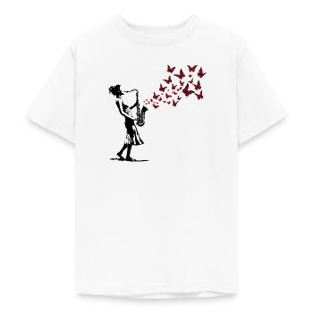 Saxophon Musik Schmetterling Streetart Stil - Teenager T-Shirt - Weiß - Vorne - AI Model Teenager Male dark (155cm)