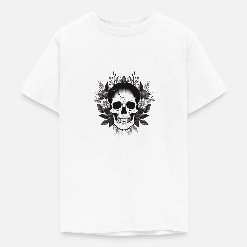 Crâne blanc avec bordure fleurie - T-shirt Ado - blanc