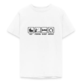 Food fish sleep repeat. Fish sport. Water sports. - Teenage T-Shirt - white - Front - AI Model Teenager Male dark (155cm)