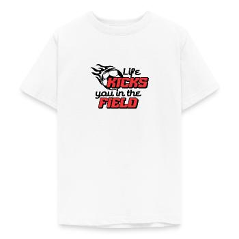 LIFE KICKS YOU IN THE FIELD - Teenage T-Shirt - white - Front - AI Model Teenager Male dark (155cm)