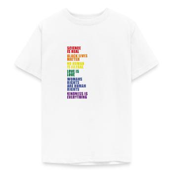 LGBT Pride equality no human is illegal - Teenage T-Shirt - white - Front - AI Model Teenager Male dark (155cm)