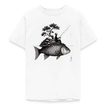 Fischer angelt ein riesen Fisch am Baum Fische  - Teenager T-Shirt - Weiß - Vorne - AI Model Teenager Male dark (155cm)