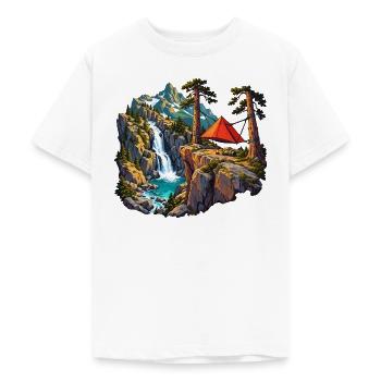 Felskessel-Camp mit Hängezelt und Wasserfall - Teenager T-Shirt - Weiß - Vorne - AI Model Teenager Male dark (155cm)