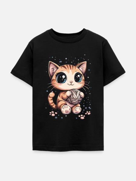 Süße Katze mit Wollknäuel - Teenager T-Shirt - Schwarz