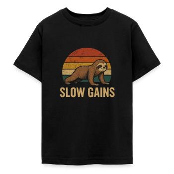 Slow Gains – Faultier Fitness Design im Retro-Stil - Teenager T-Shirt - Schwarz - Vorne - AI Model Teenager Male light (155cm)