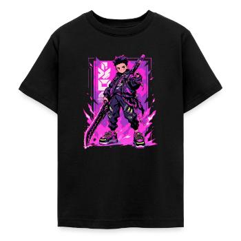 Shibuya: Cooler Anime Junge mit Schwert Japanisch - Teenager T-Shirt - Schwarz - Vorne - AI Model Teenager Male light (155cm)