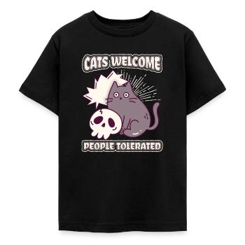 Cartoon Cat Cats Welcome People Tolerated Saying - Teenage T-Shirt - black - Front - AI Model Teenager Male light (155cm)