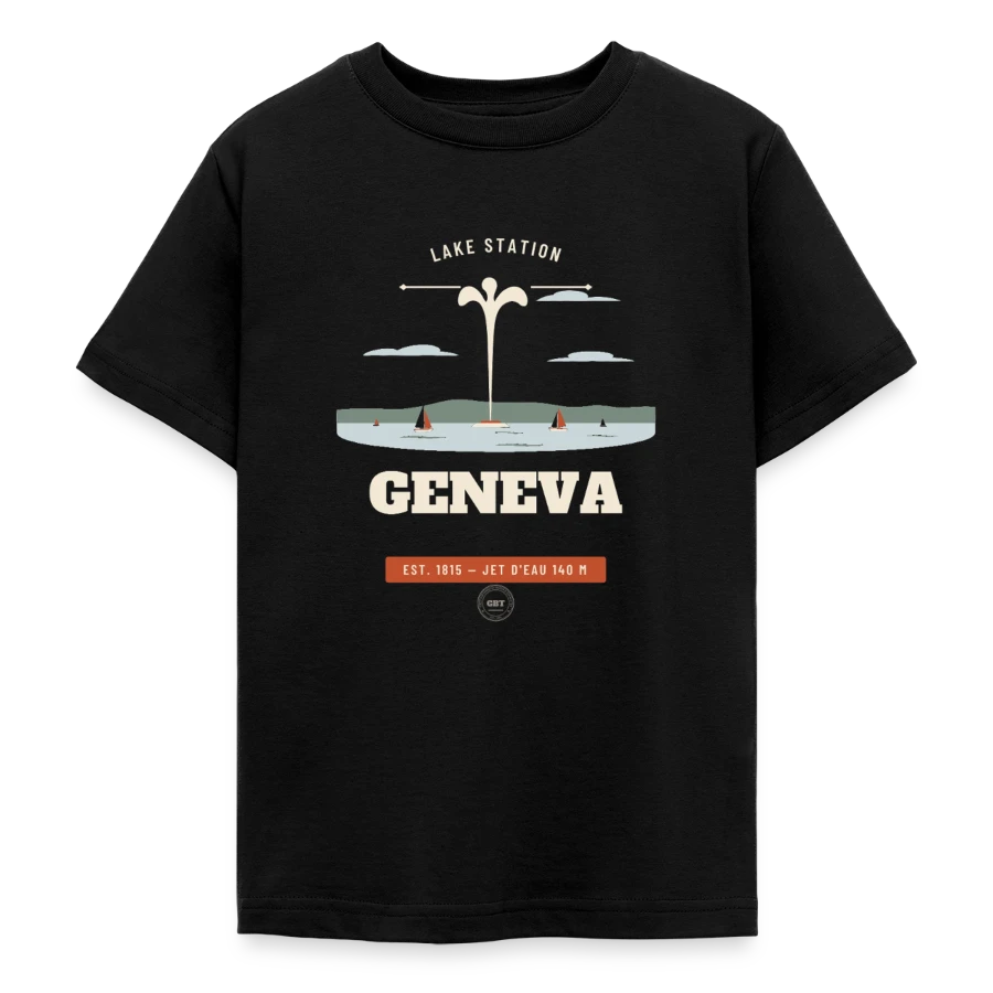 Geneva badge on a teenage t-shirt, black