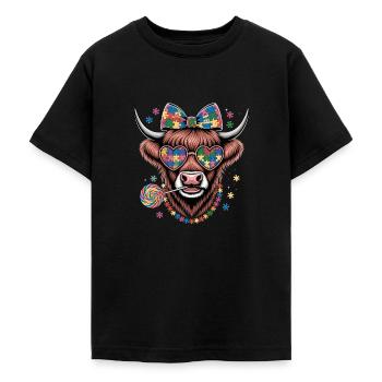 Farverigt puslespil ko motiv med hjertebriller og - Teenager-T-shirt - sort - Foran - AI Model Teenager Male light (155cm)
